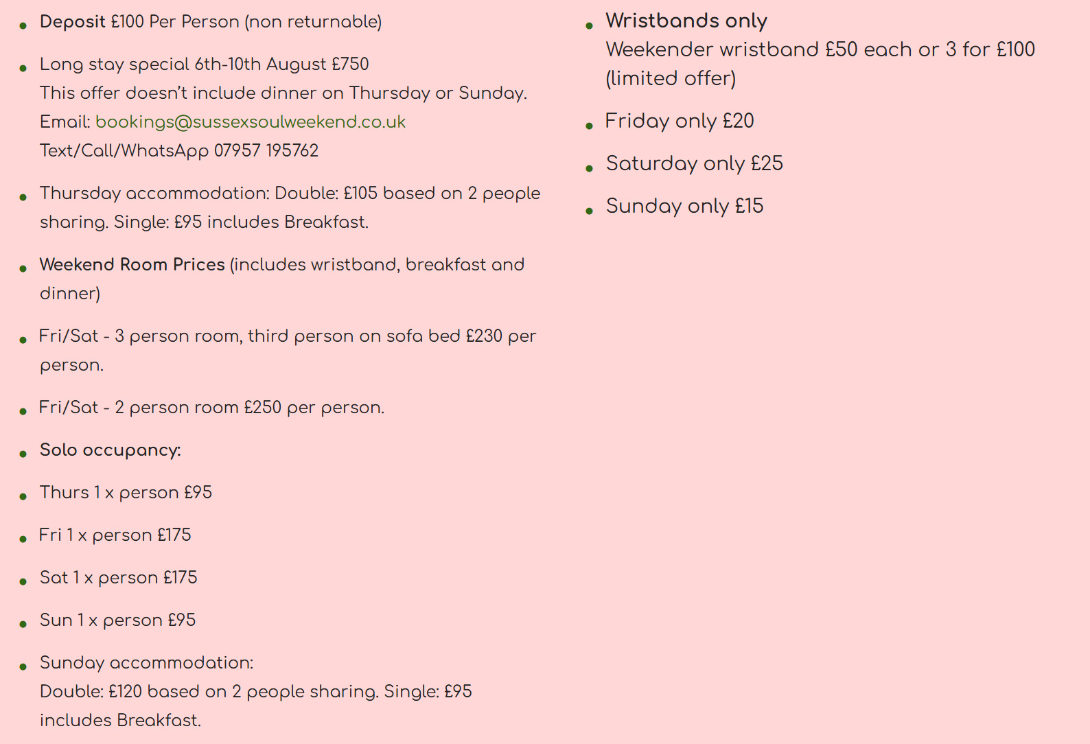 Sussex Soul Dance Weekend Price List